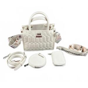 Steve Madden White Quilted Mini Tote Crossbody Set | 3-Piece Bag